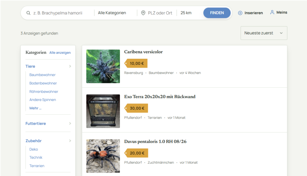 Vogelspinnen Kleinanzeigen Markt bei Vogelspinner.net